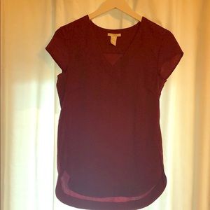H&M V-Neck Silk Blouse with Scoop Hem, Burgundy